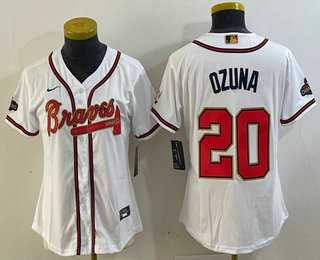 Womens Atlanta Braves #20 Marcell Ozuna White Gold World Series Champions Cool Base Stitched Jersey